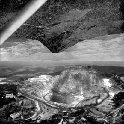 Fotomontagem do autor a partir de fotografias do Pico do Cauê (1942) e Buraco do Cauê (2007). Fonte: Companhia Vale do Rio Doce: 50 anos de História e Cristiane Magalhães. (3)