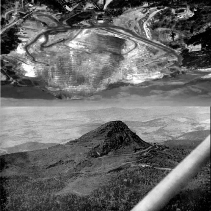 Fotomontagem do autor a partir de fotografias do Pico do Cauê (1942) e Buraco do Cauê (2007). Fonte: Companhia Vale do Rio Doce: 50 anos de História e Cristiane Magalhães. (3)