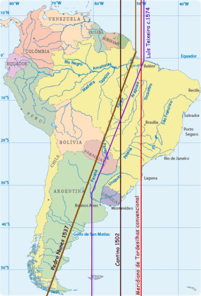 Versões do Meridiano de Tordesilhas sobre um mapa político atual da América do Sul (mapa em projeção conforme, com meridianos em paralelo) . (3)